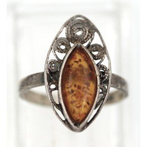 925 STERLING vintage BALTIC AMBER filligree ring 3.1 grams size 7 1/2